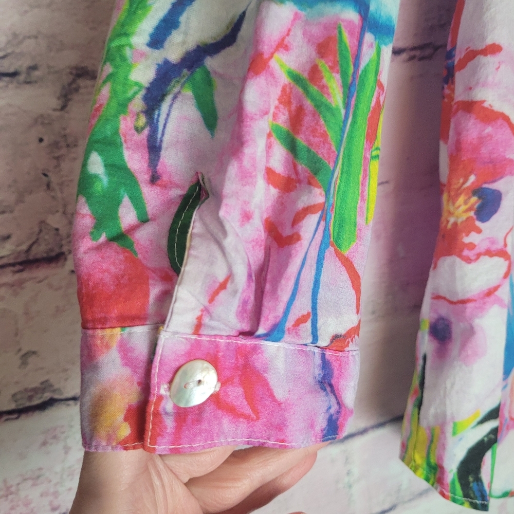 TOOFAN 100% COTTON FLORAL WATERCOLOR PRINT ART TO WEAR BUTTON FRONT BLOUSE SMALL - Picture 7 of 14
